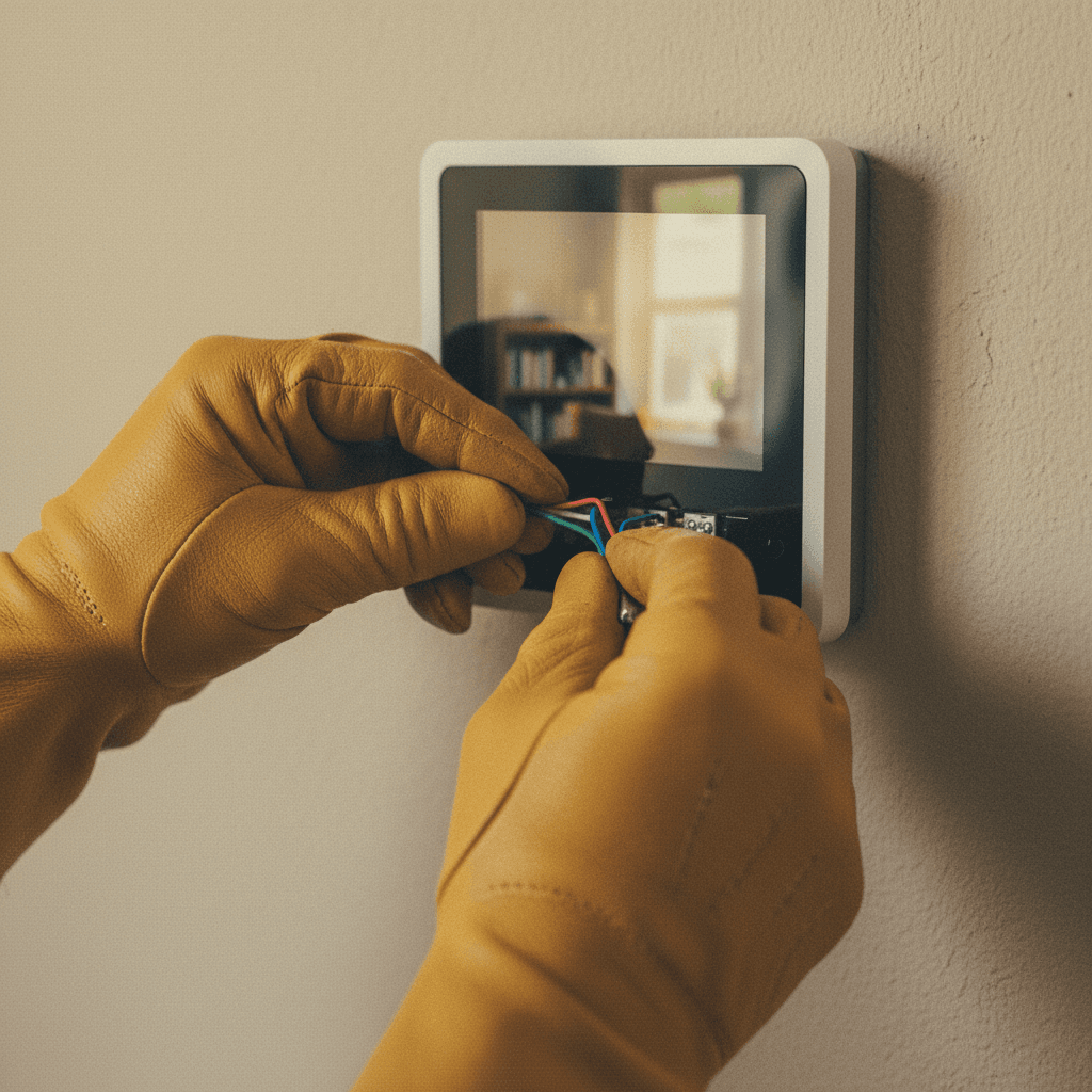 Electrician hands installing a smart thermostat against a wall