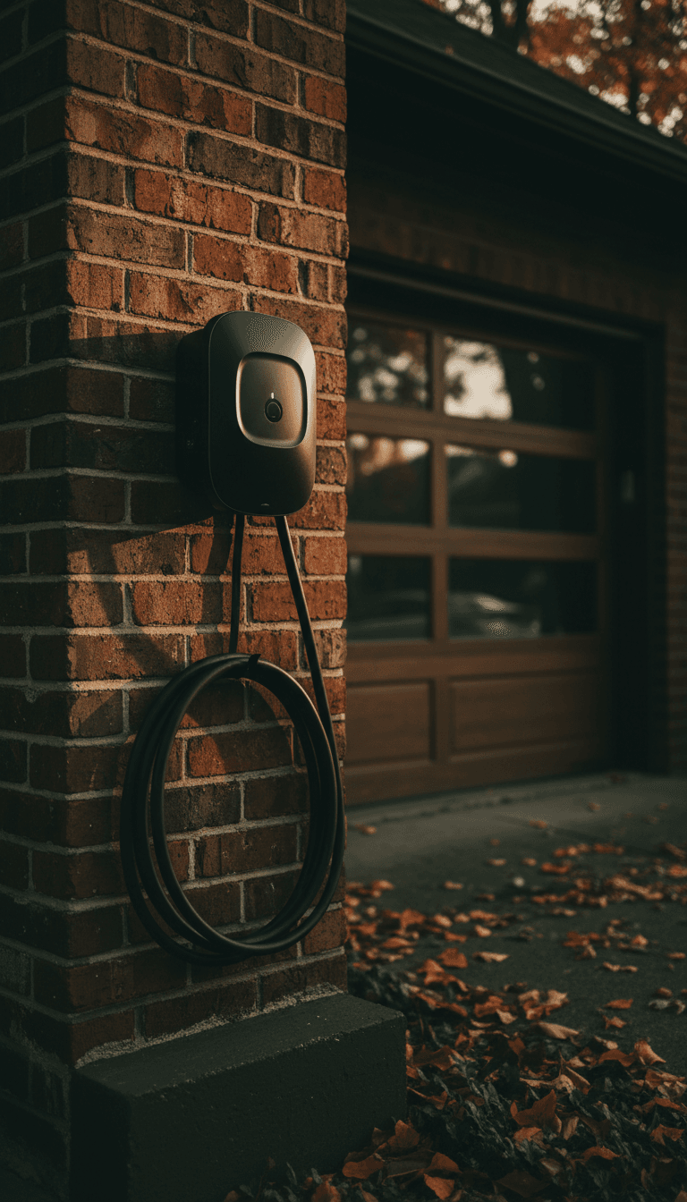 EV charger installed on brick wall beside a driveway