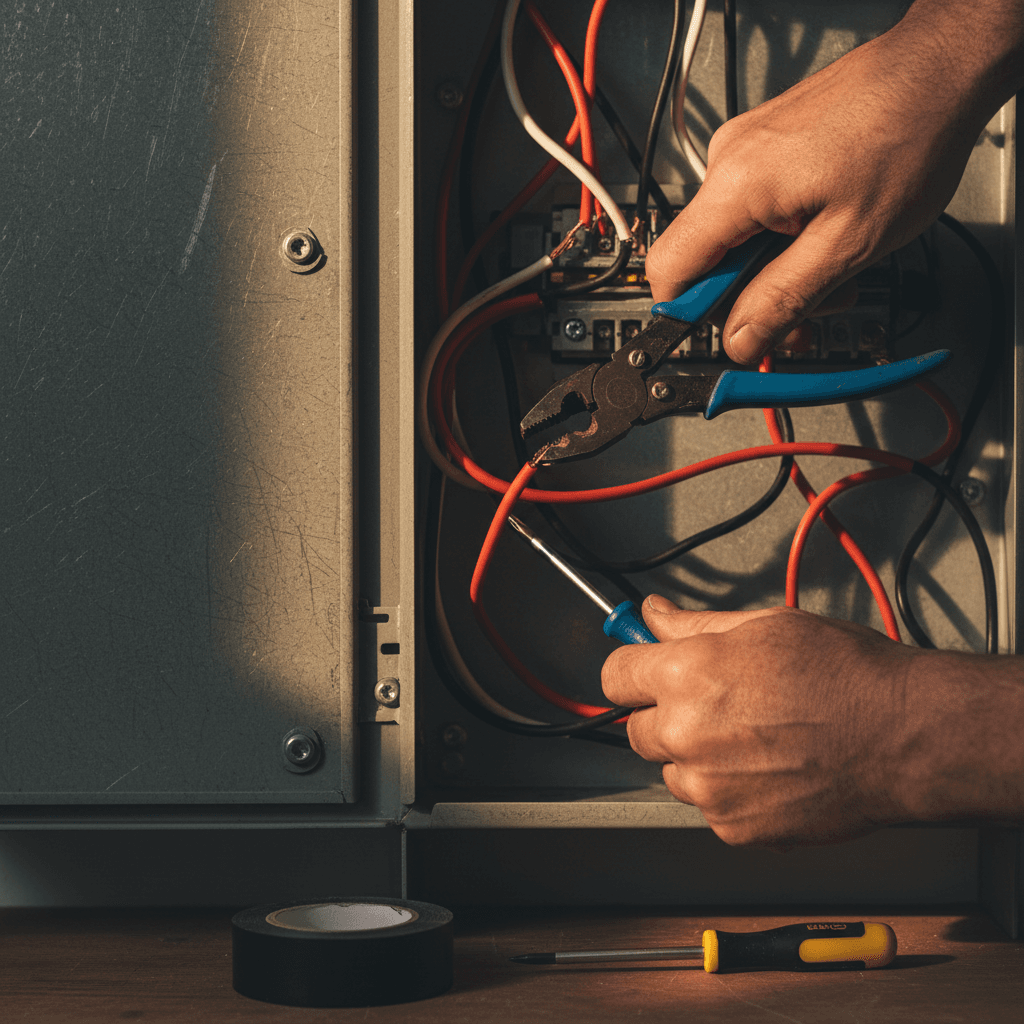 Electrician hands working on an electrical panel with tools