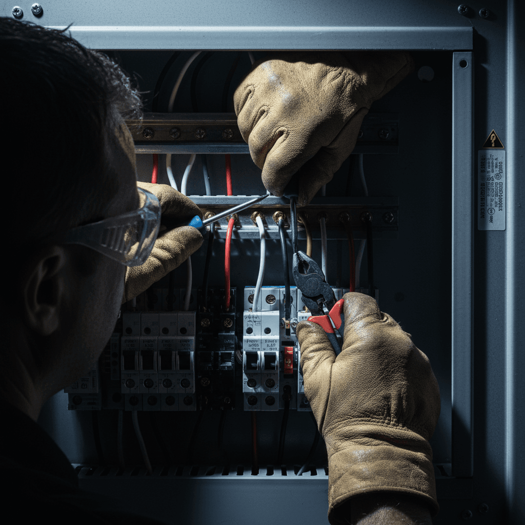 Electrician connecting wires inside a residential electrical panel under high-contrast lighting