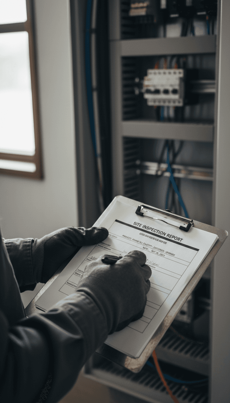 Electrician reviewing paperwork on site