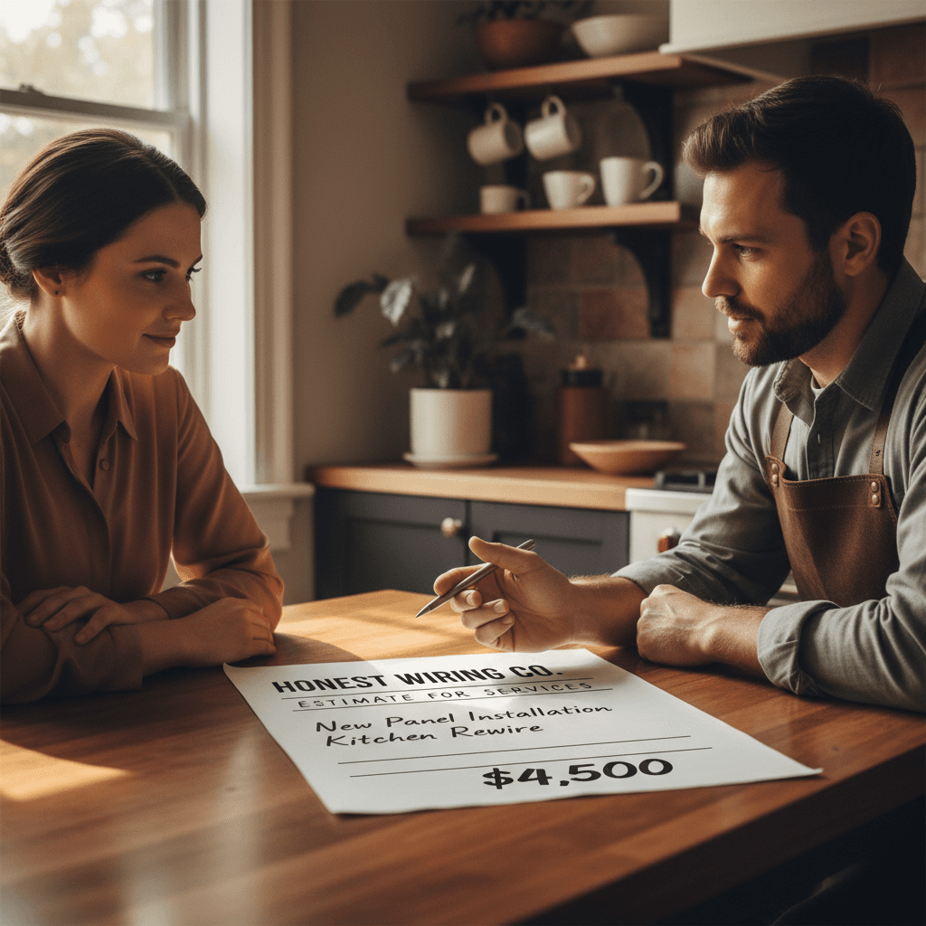 Electrician showing estimate to a homeowner at a sunlit wooden table
