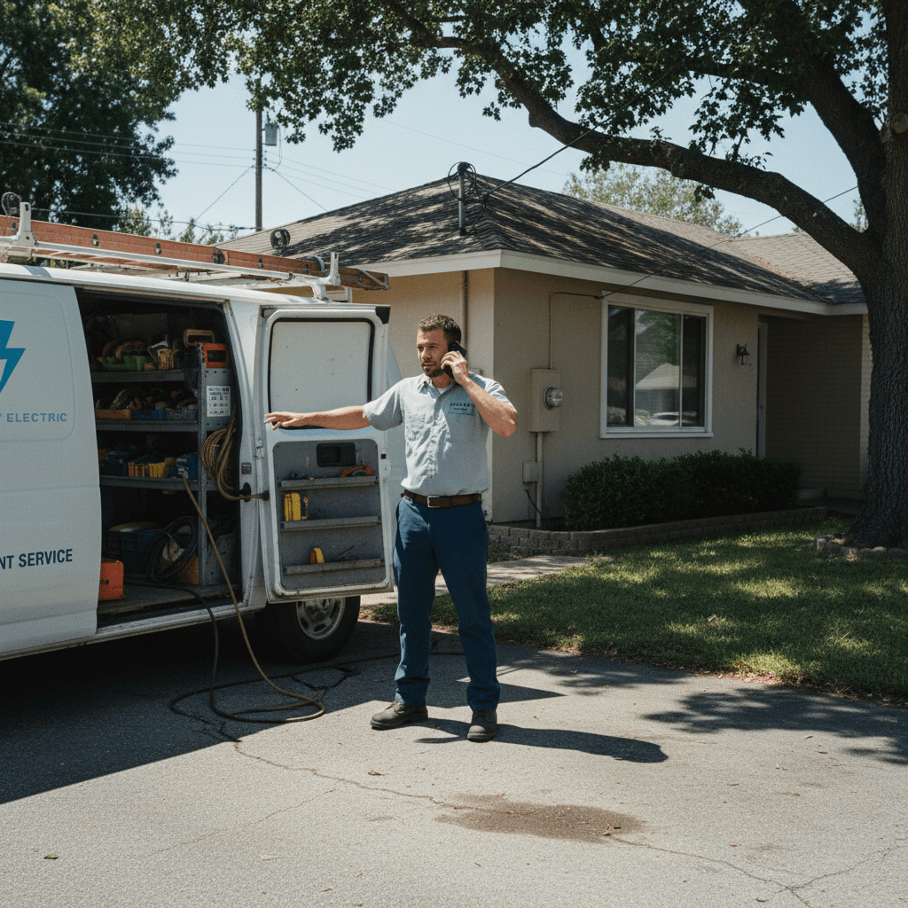Electrician standing by a service van in a residential driveway during the day