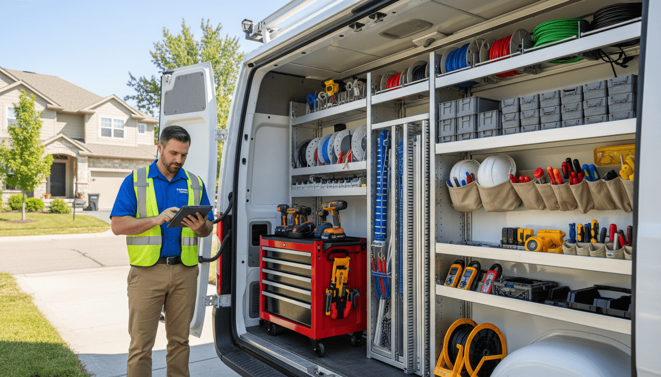 Electrician in a van stocked with tools