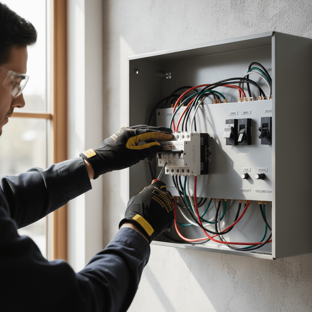 Electrician working on an electrical panel